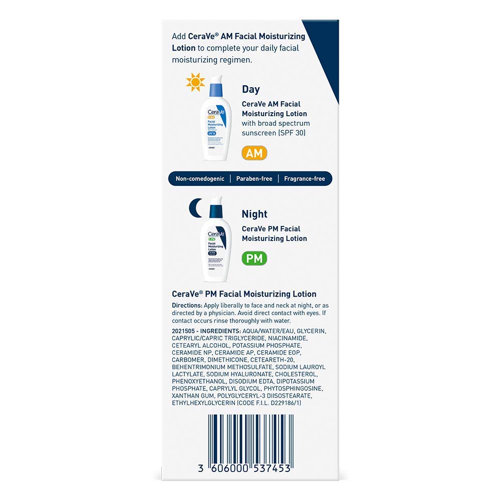 CeraVe PM Facial Moisturizing Lotion, Night Cream with Hyaluronic Acid and Niacinamide, Oil-Free